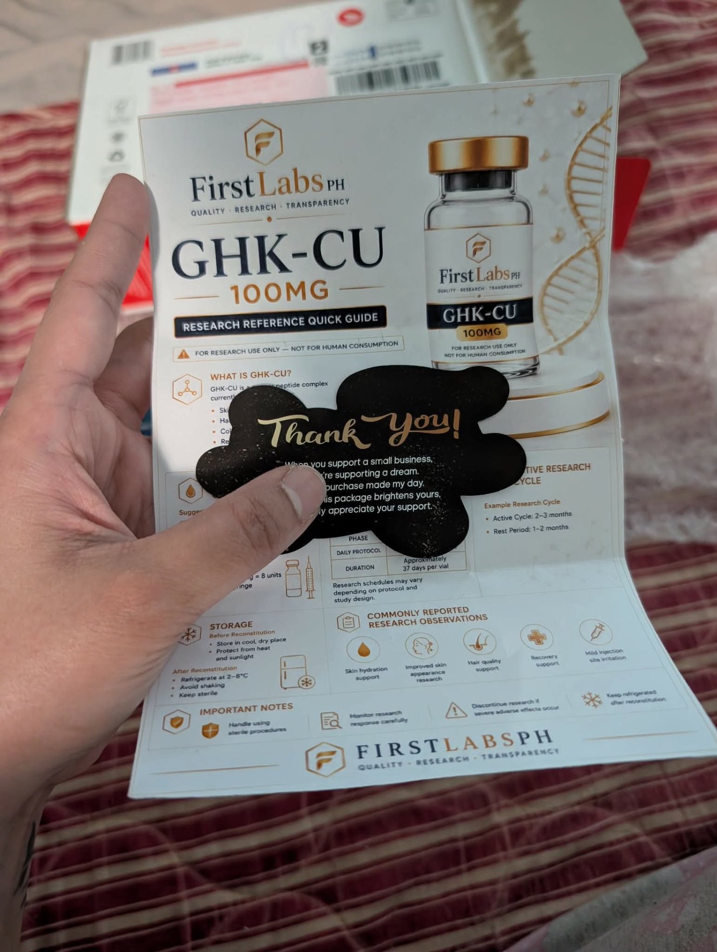 GHK-Cu 100mg research reference quick guide with thank-you card