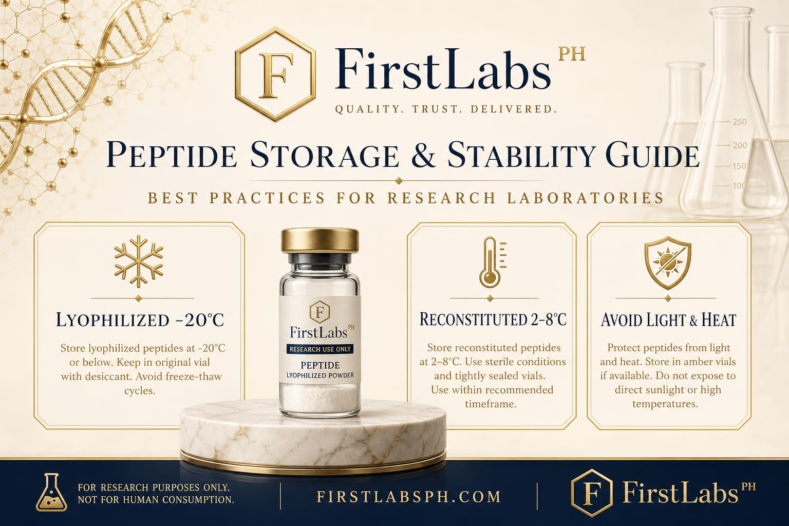 First Labs PH peptide storage and stability infographic showing lyophilized -20°C, reconstituted 2-8°C, and avoid light & heat conditions