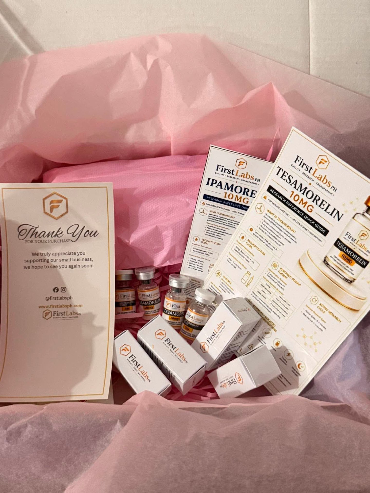 FirstLabs PH unboxing with Ipamorelin and Tesamorelin research guides and thank-you card