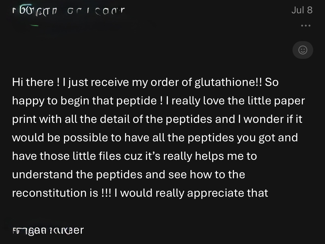 Customer message about receiving glutathione order