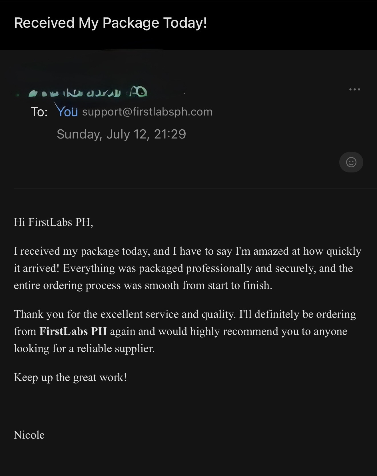 Customer email from Nicole praising fast delivery and professional packaging