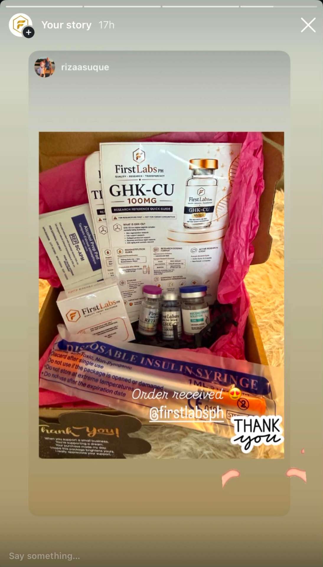 Edmonton customer @rizaasuque Instagram story tagging @firstlabsph after receiving GHK-Cu 100mg with research guide, vials, syringe and thank-you card