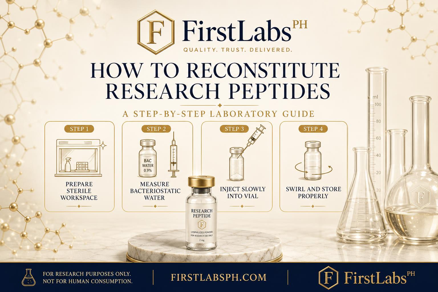 First Labs PH step-by-step poster on how to reconstitute research peptides with bacteriostatic water