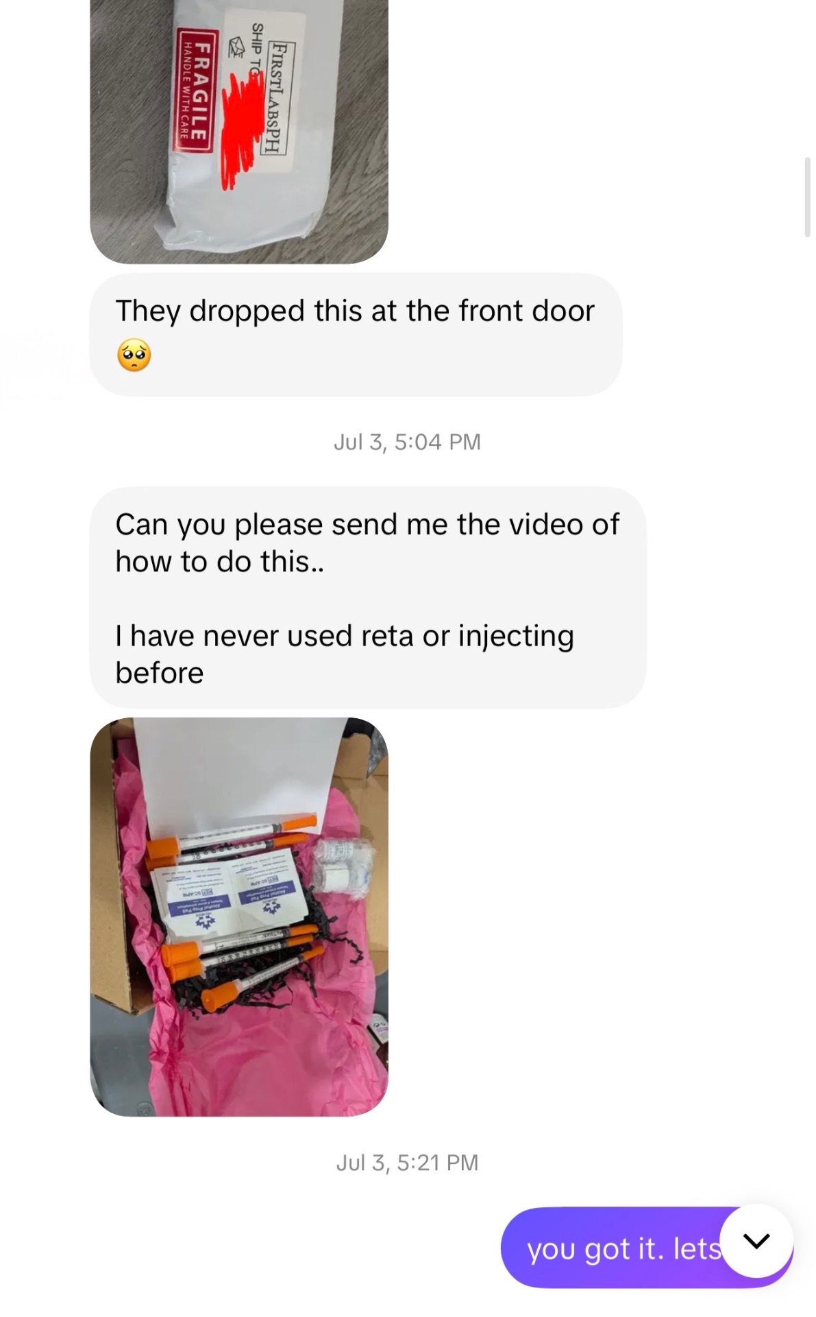 Customer message showing package dropped at front door