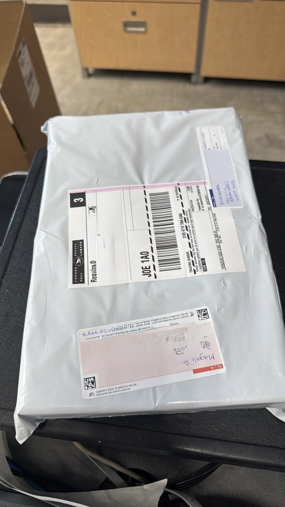 Canada Post Regular Parcel mailer with FirstLabs PH tracking label ready for dispatch