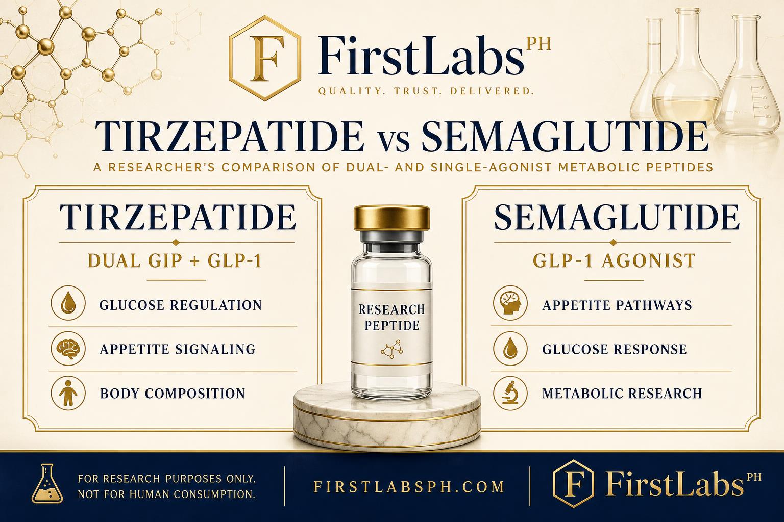 First Labs PH Tirzepatide vs Semaglutide comparison poster showing dual GIP and GLP-1 vs GLP-1 agonist pathways