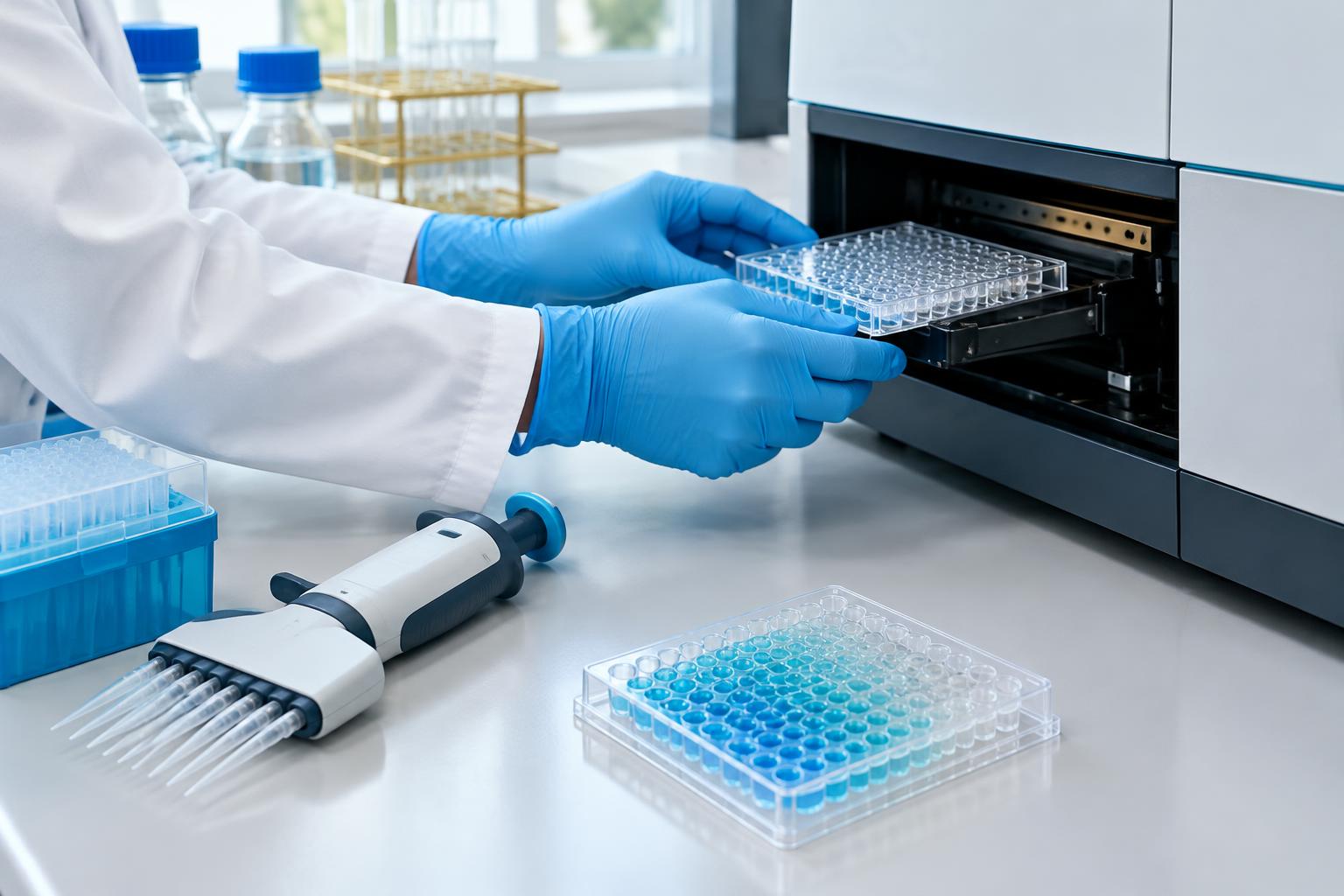 Illustrative enzyme assay plate being placed into a laboratory reader; not a FirstLabs facility or study result