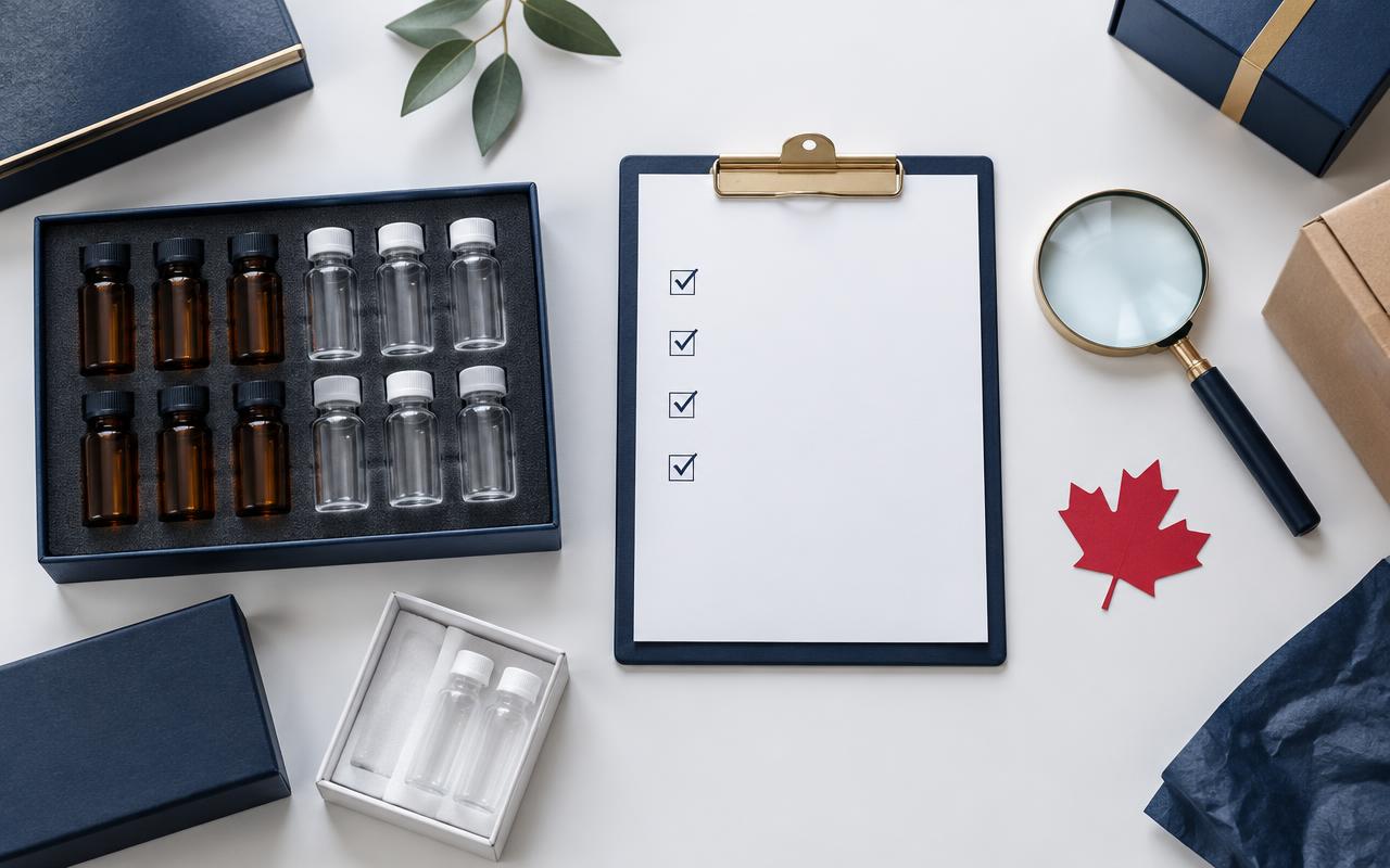 Illustrative Canadian research sourcing checklist with sample vials and a maple leaf
