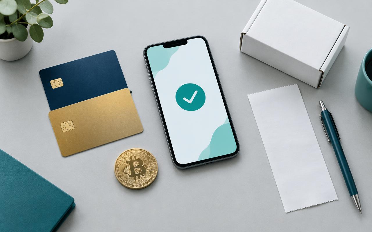 Illustrative payment still life with bank cards, a smartphone and a Bitcoin token