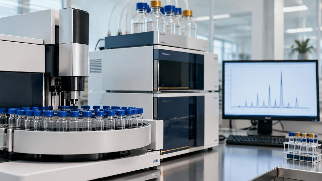 Illustrative liquid chromatography equipment and monitor with separated analytical peaks