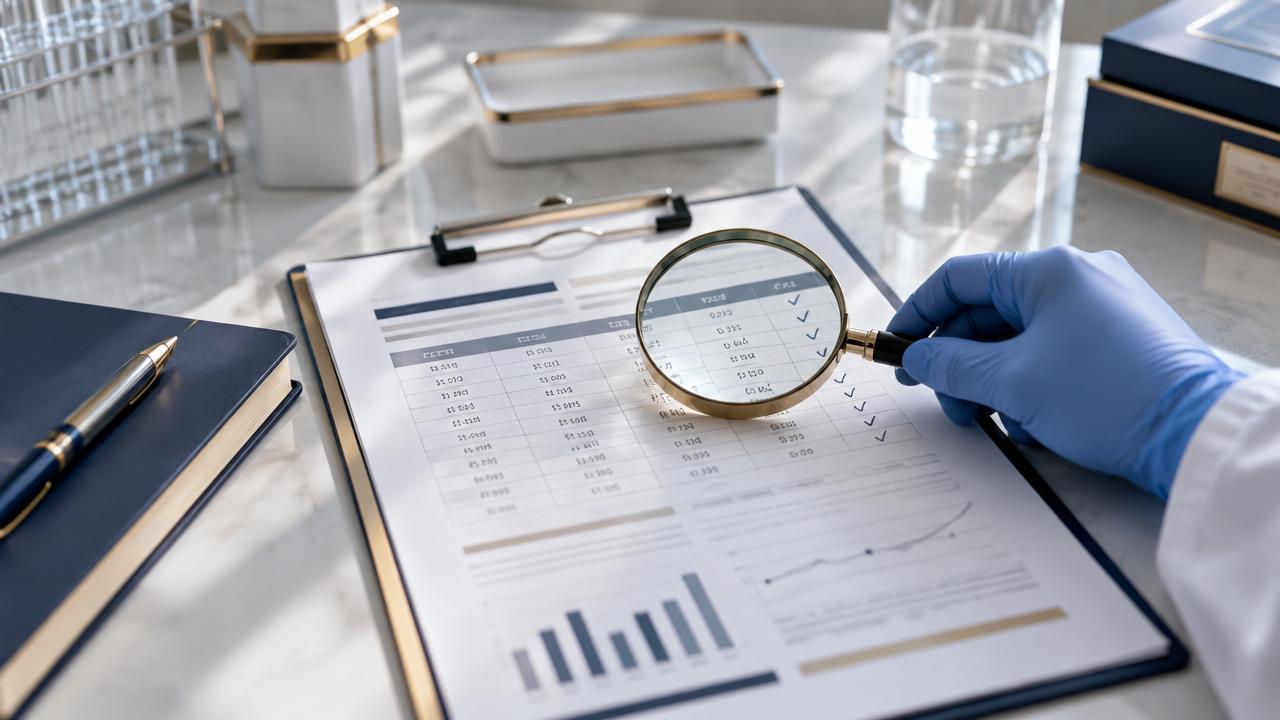 Illustrative laboratory document review with a clipboard, magnifying glass and gloved hand