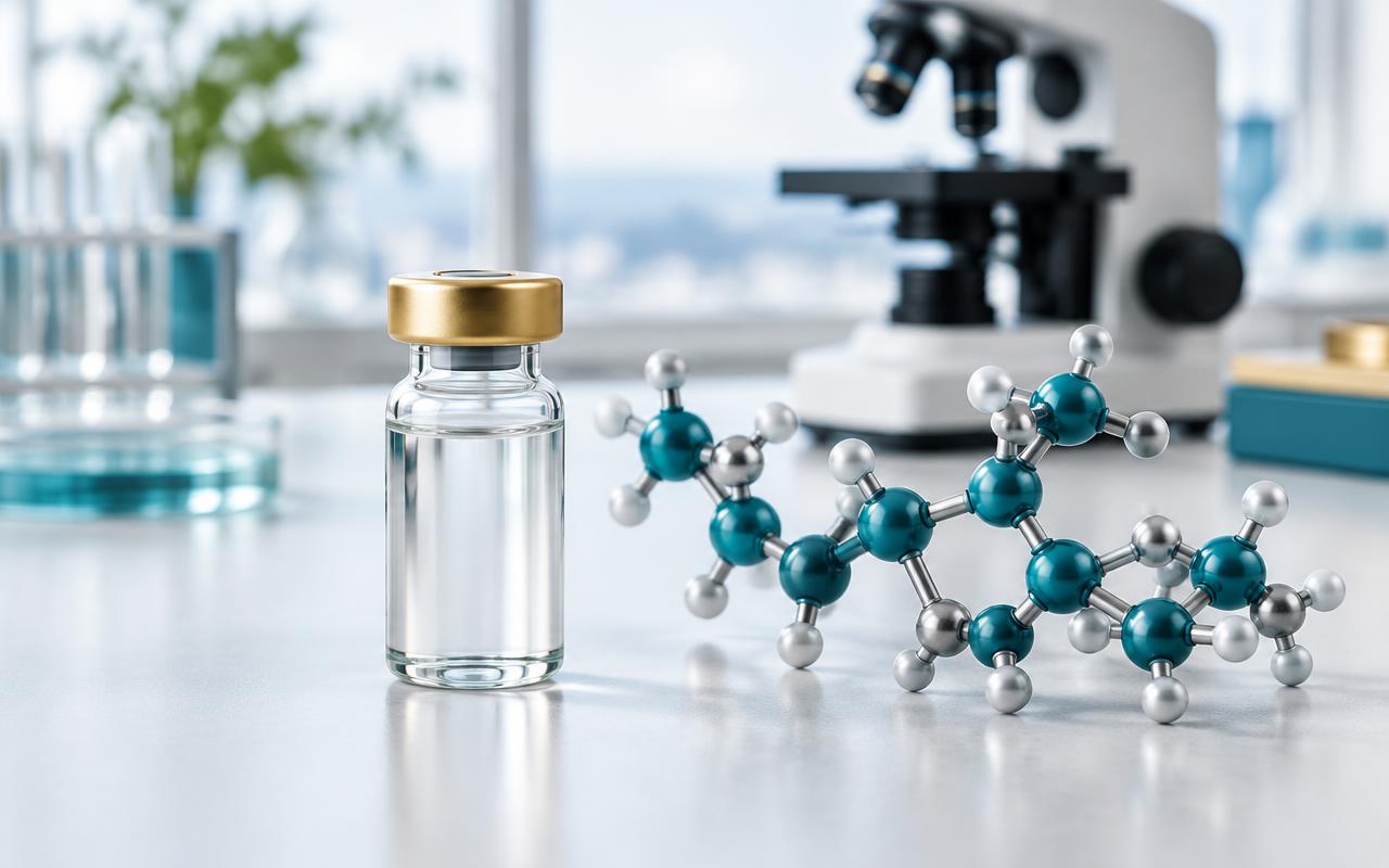Illustrative laboratory vial and molecular model for amylin peptide research