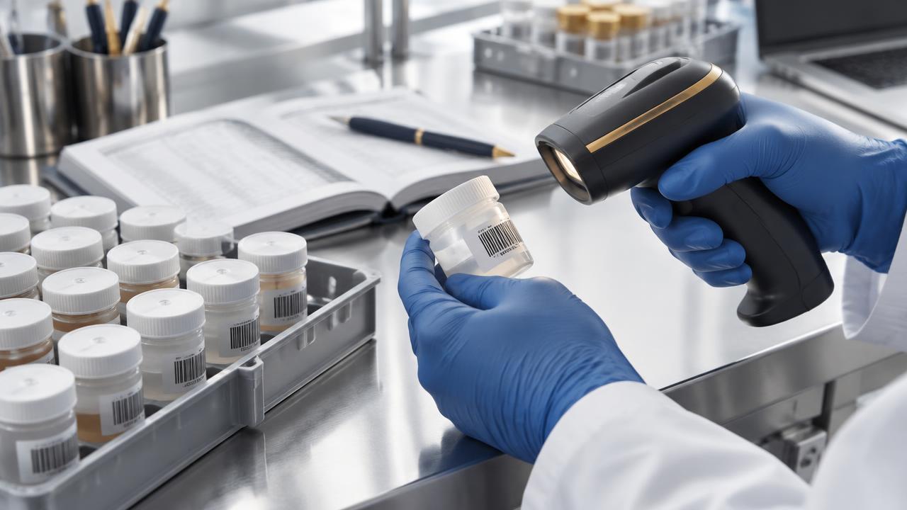 Illustrative barcode scanning of a laboratory sample container beside a record ledger