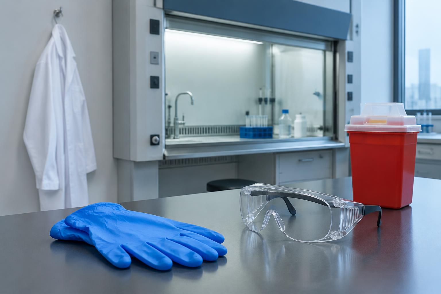 Illustrative laboratory safety scene with gloves, goggles, lab coat and sharps container; not a FirstLabs facility