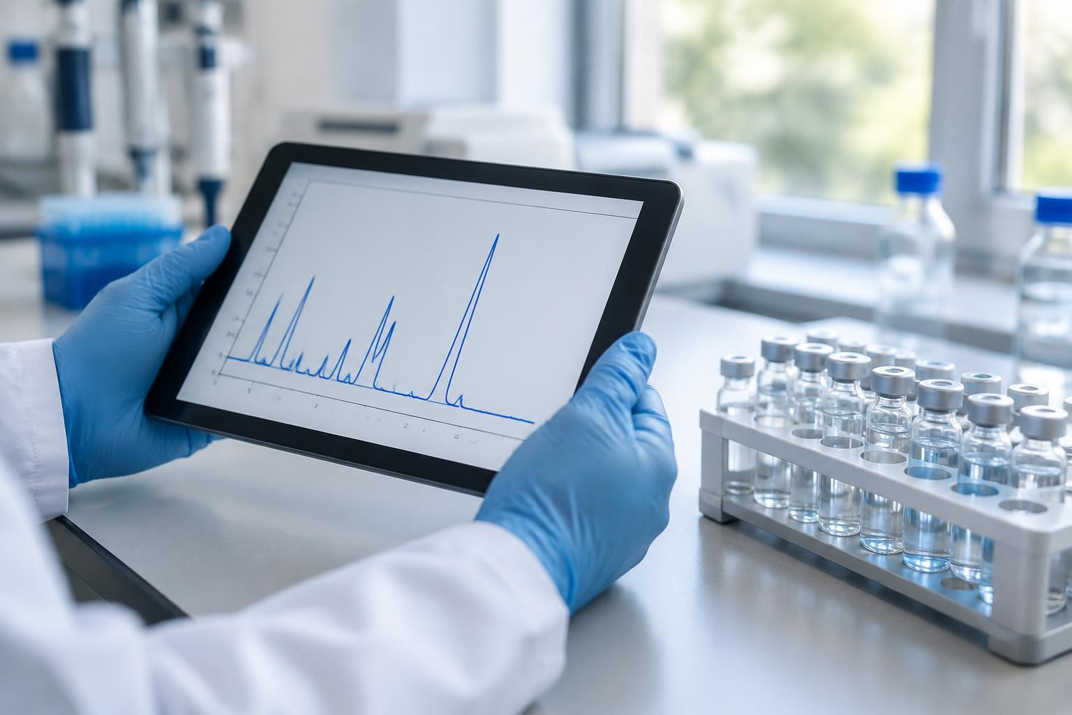 Illustrative scene of a gloved researcher reviewing a chromatogram beside sample vials; not a FirstLabs facility or study result
