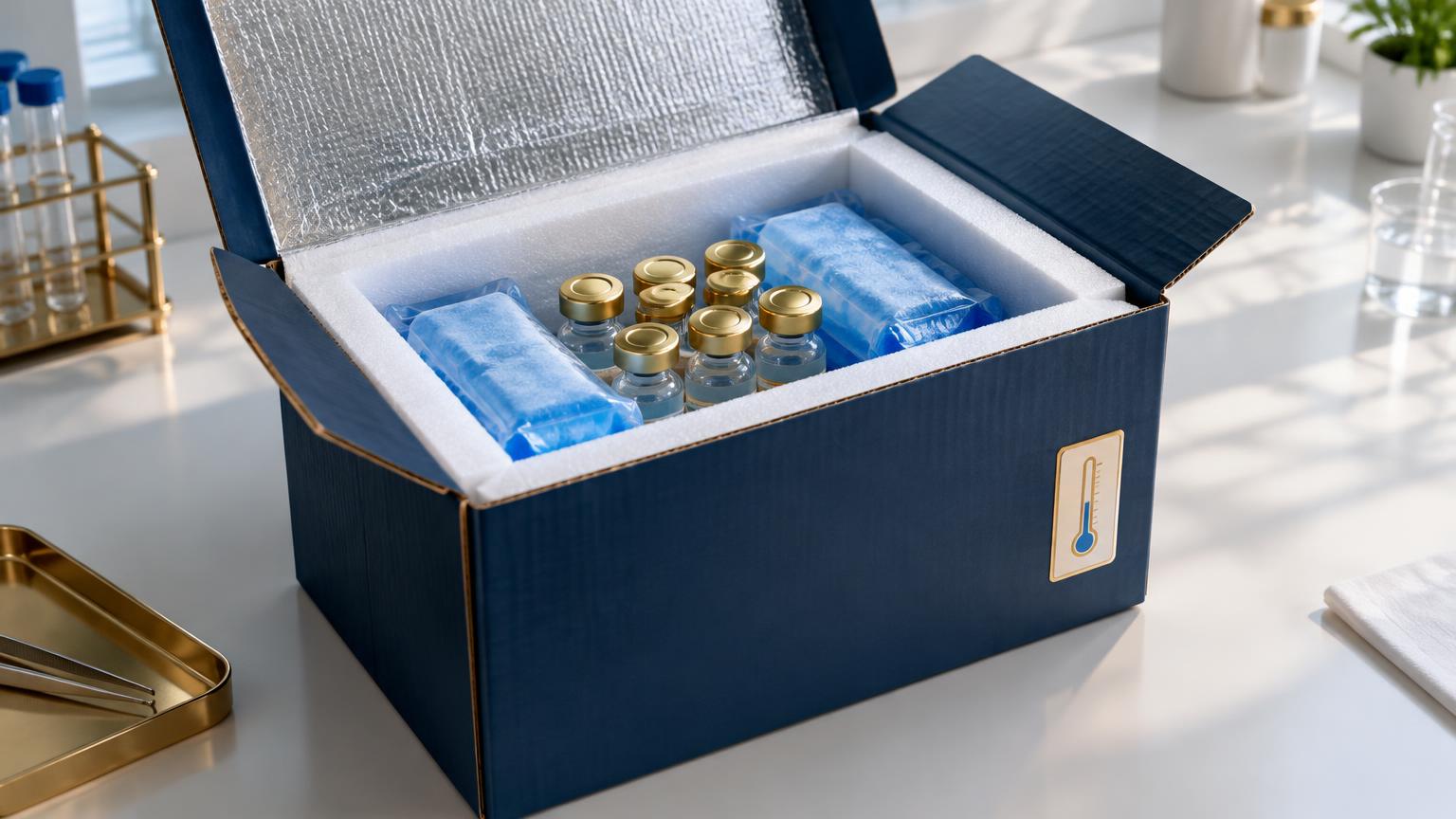 Illustrative insulated parcel with gold-capped research vials on a lab bench