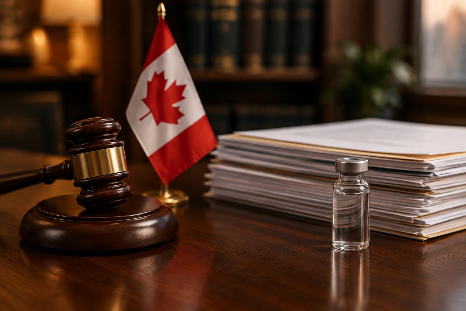 Illustrative regulatory scene with a gavel, Canadian flag and documents; not legal advice or a FirstLabs facility