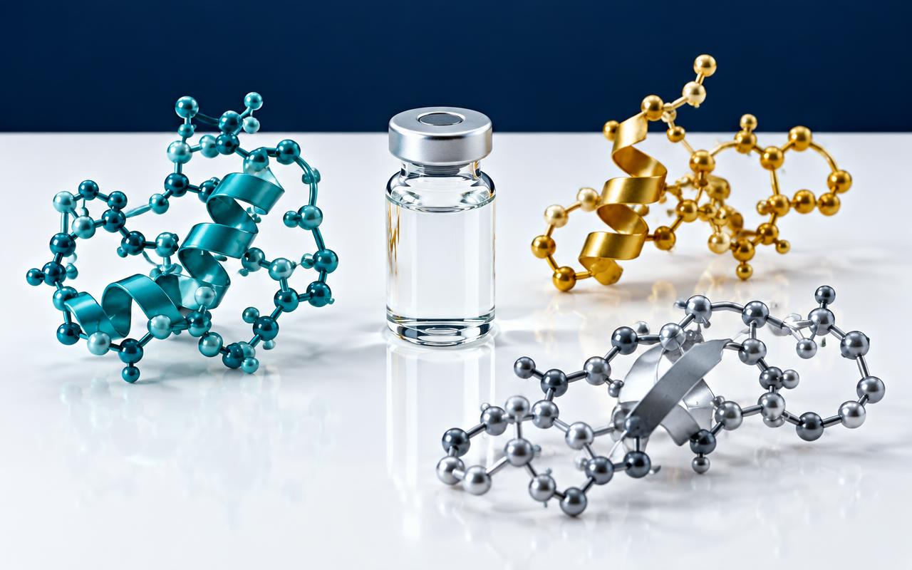 Retatrutide research-use-only triple agonist peptide vial with GLP-1, GIP, and glucagon receptor diagram