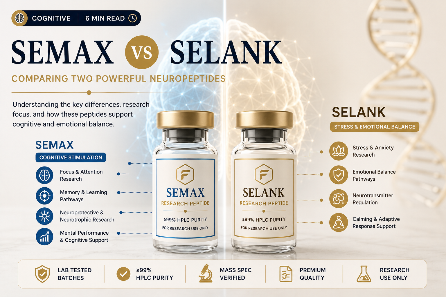 Semax and Selank research peptide vials side-by-side with cognitive and emotional balance research highlights