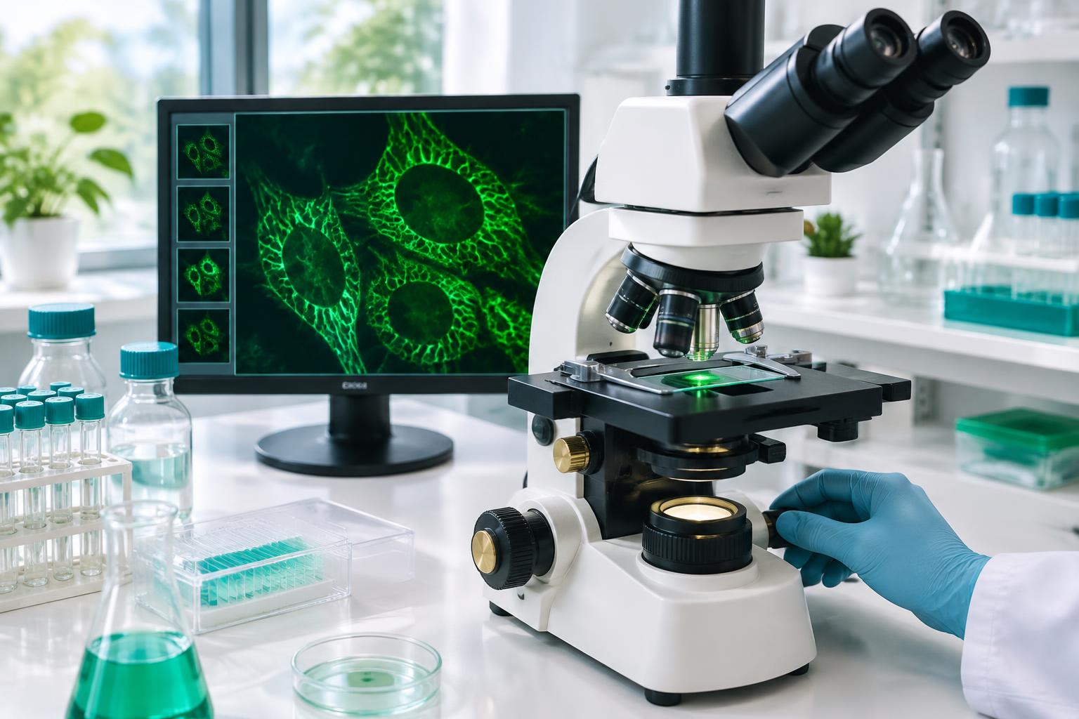 Illustrative mitochondrial microscopy laboratory scene; not a FirstLabs facility or experimental result