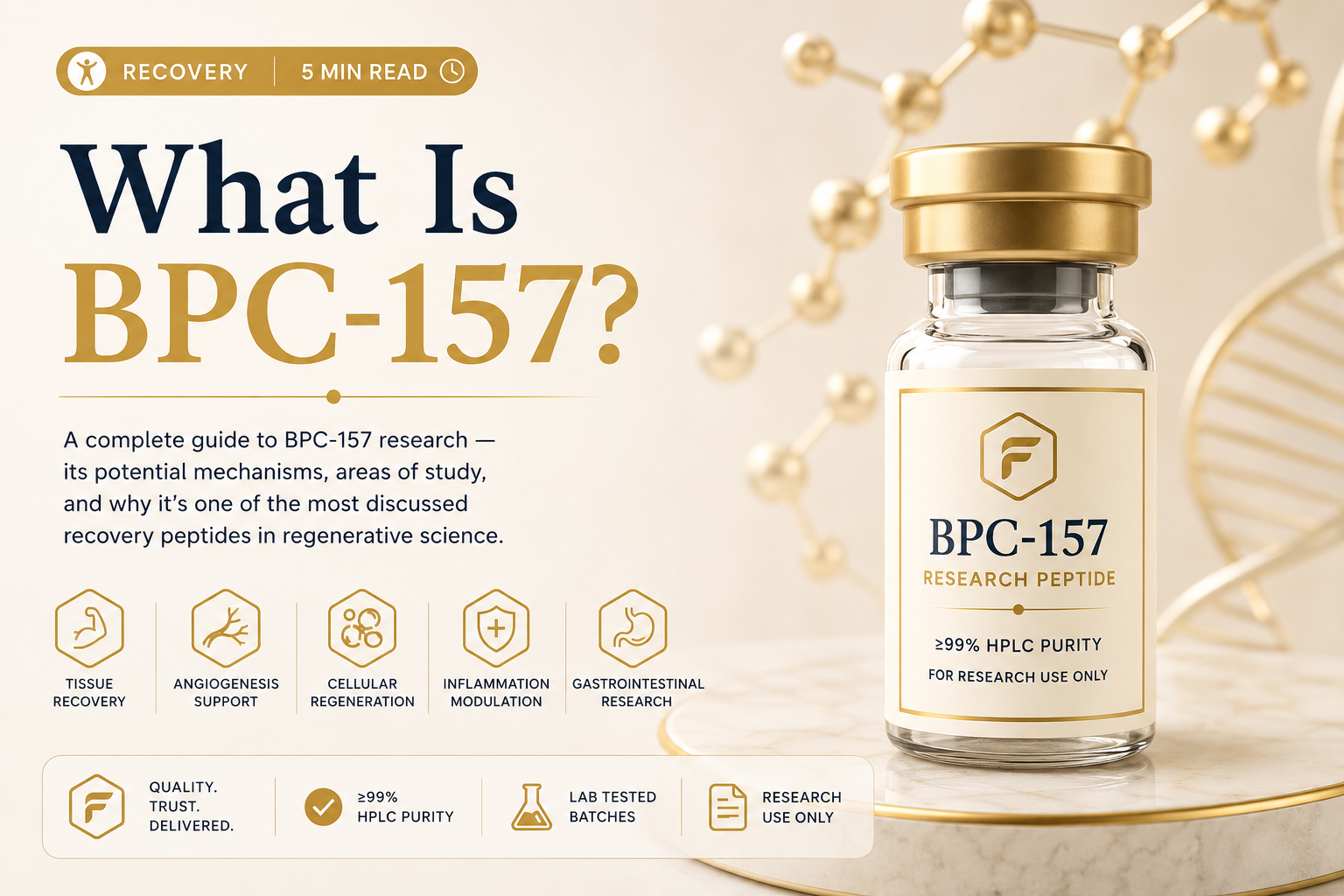 First Labs PH BPC-157 research peptide vial with recovery and tissue research highlights