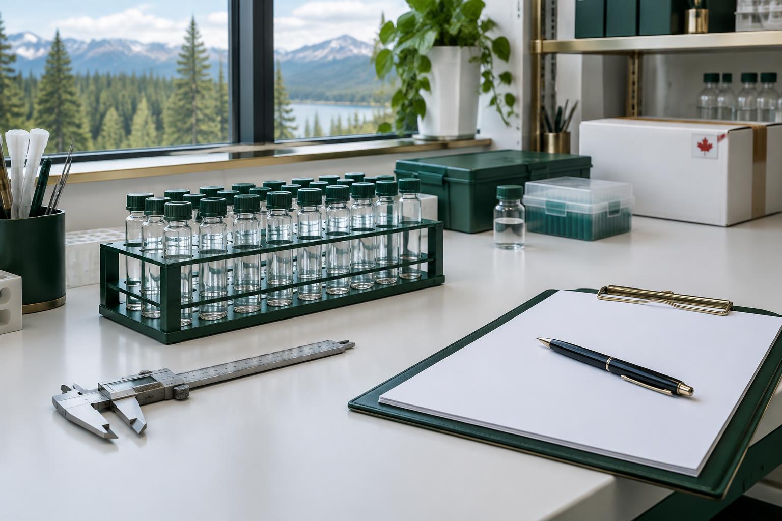 Illustrative laboratory receiving workstation with sample vials and document checklist